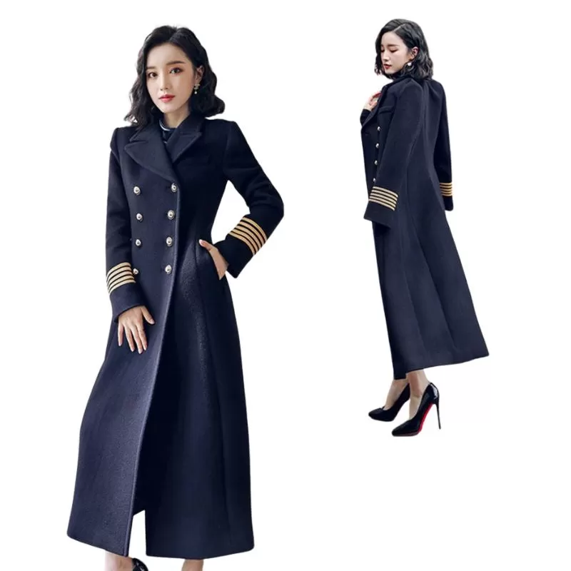 MARISSA Design Women's Fine Fashion Elegant Navy Blue Long Luxury Military Style Wool Coat Jacket