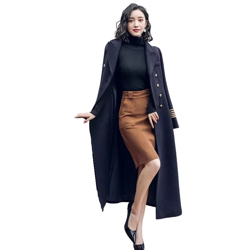 MARISSA Design Women's Fine Fashion Elegant Navy Blue Long Luxury Military Style Wool Coat Jacket