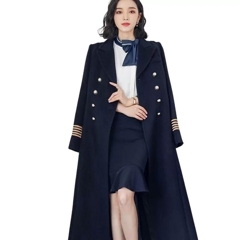 MARISSA Design Women's Fine Fashion Elegant Navy Blue Long Luxury Military Style Wool Coat Jacket