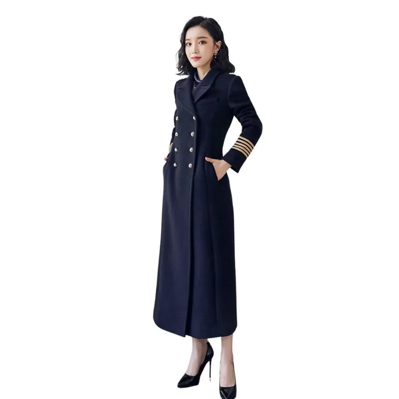 MARISSA Design Women's Fine Fashion Elegant Navy Blue Long Luxury Military Style Wool Coat Jacket