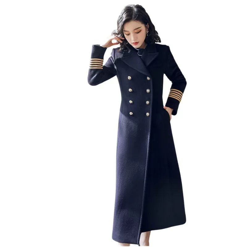 MARISSA Design Women's Fine Fashion Elegant Navy Blue Long Luxury Military Style Wool Coat Jacket