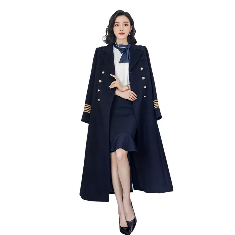 MARISSA Design Women's Fine Fashion Elegant Navy Blue Long Luxury Military Style Wool Coat Jacket