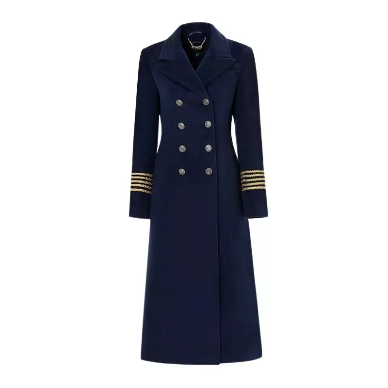 MARISSA Design Women's Fine Fashion Elegant Navy Blue Long Luxury Military Style Wool Coat Jacket