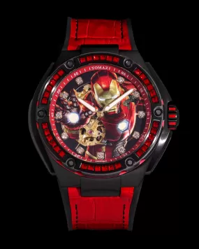 Marvel Iron Man TW037A-D1 (Black/Red) with Red Swarovski Crystal (Red Silicone with Leather Bamboo Strap)