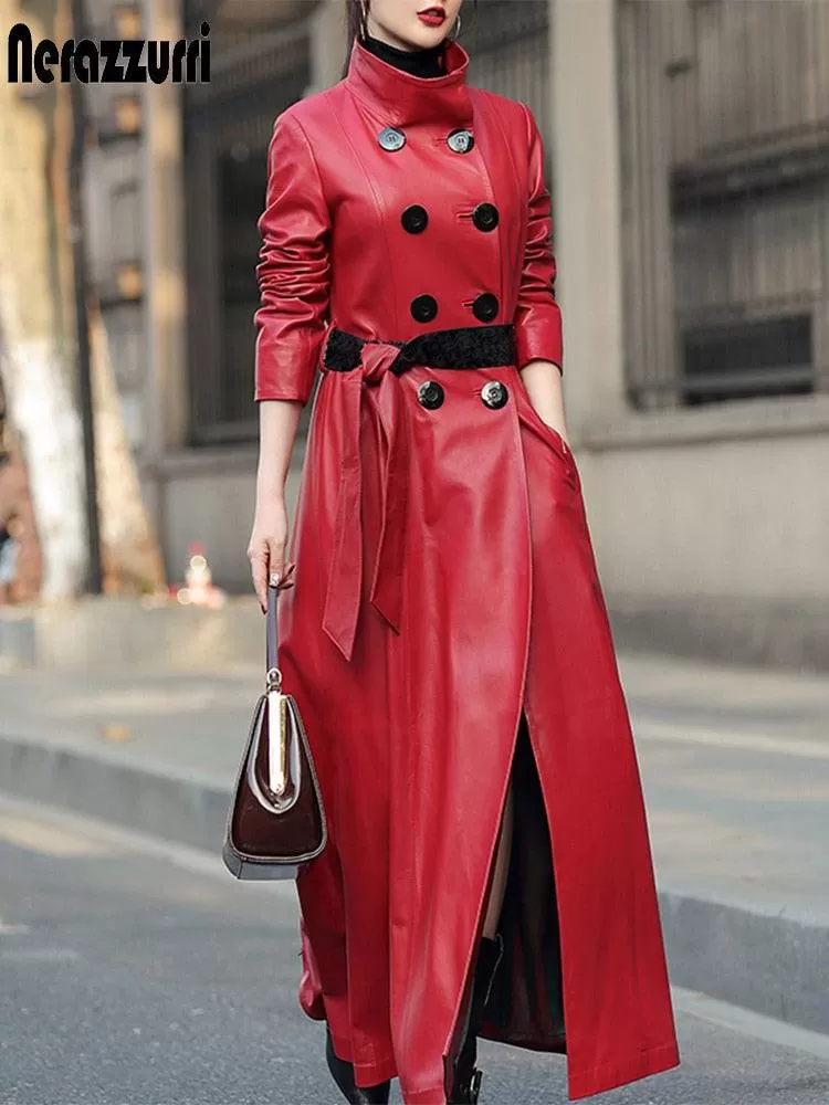 Maxi Leather Trench Coat Double Breasted Long Sleeve with Skirted Design for Elegant and Luxurious Women