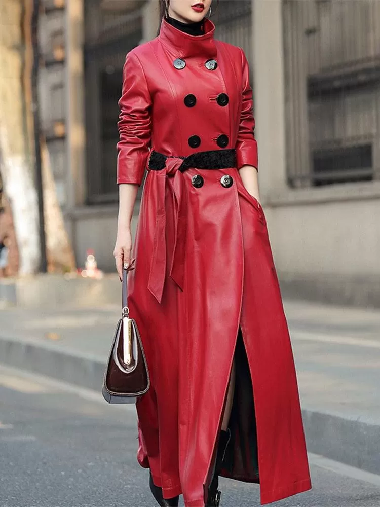 Maxi Leather Trench Coat Double Breasted Long Sleeve with Skirted Design for Elegant and Luxurious Women