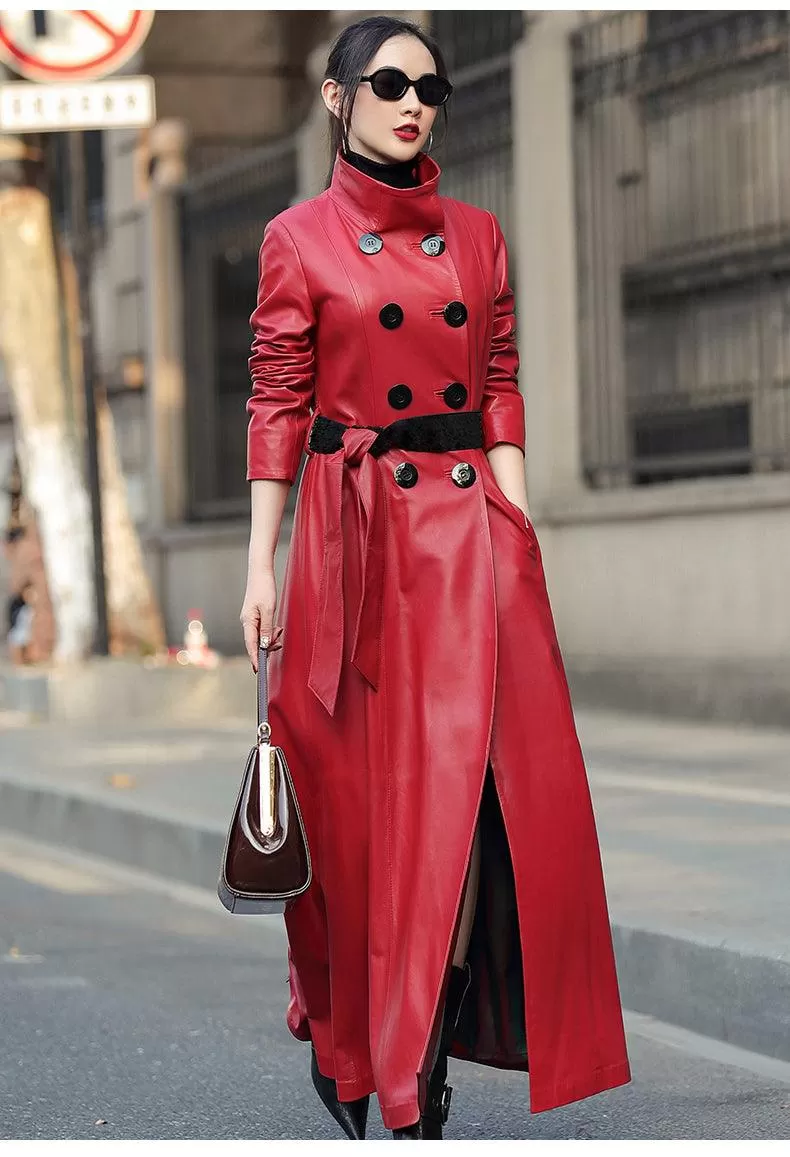 Maxi Leather Trench Coat Double Breasted Long Sleeve with Skirted Design for Elegant and Luxurious Women