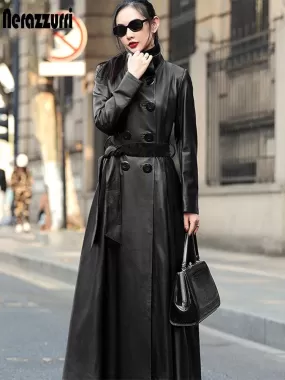 Maxi Leather Trench Coat Double Breasted Long Sleeve with Skirted Design for Elegant and Luxurious Women