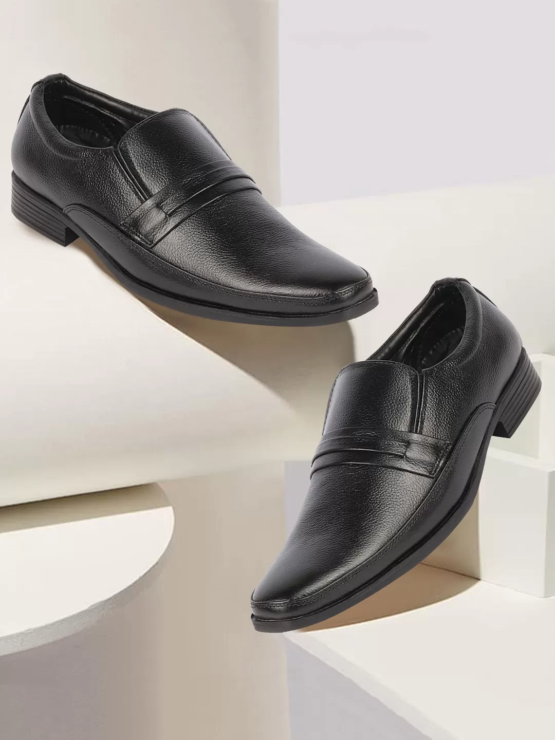 Men Black Genuine Leather Formal Office Work Round Toe Slip On Shoes with Comfort EVA Pad Insole