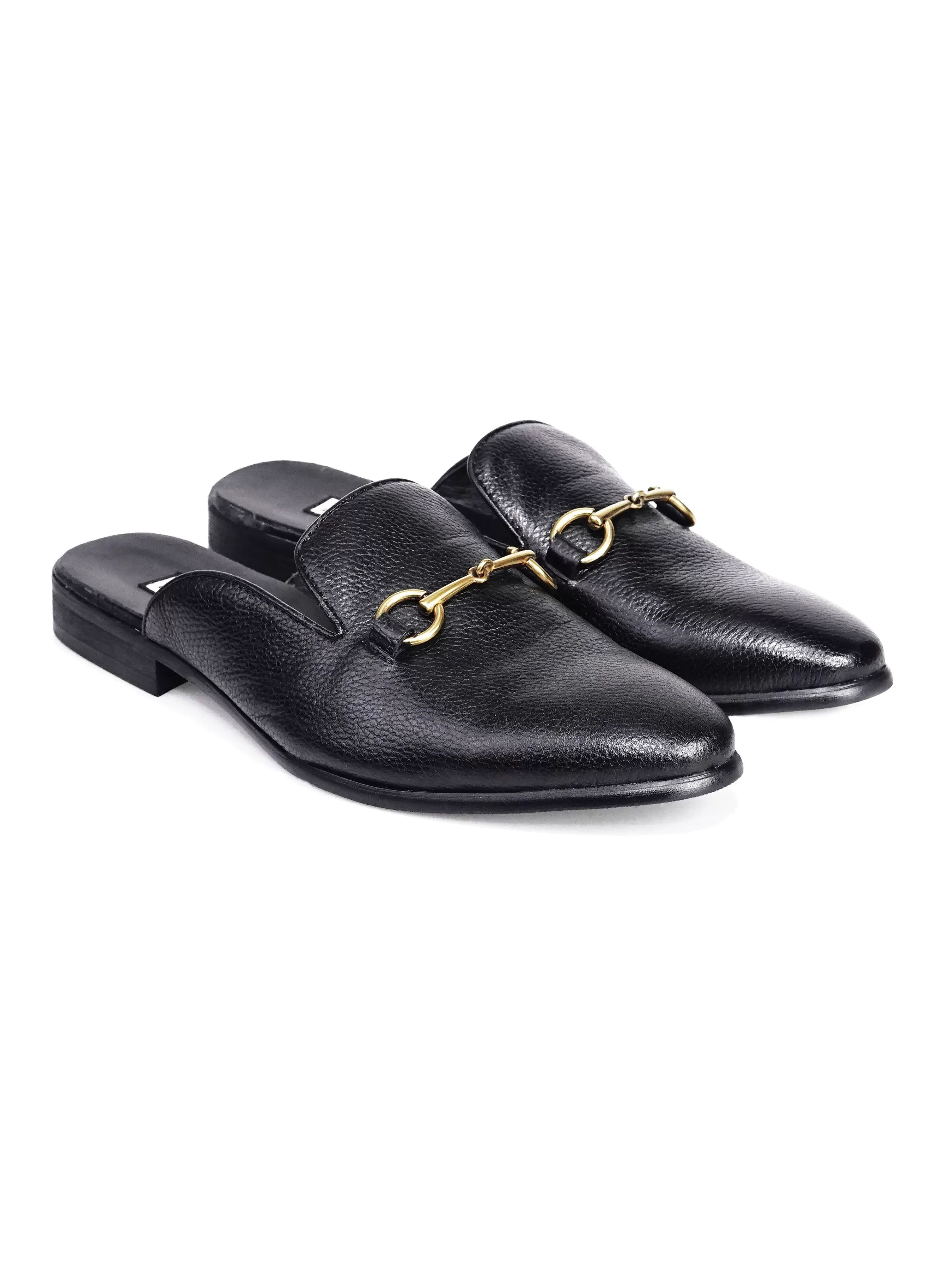 Mules - Black Pebble Grain Leather Horsebit Buckle