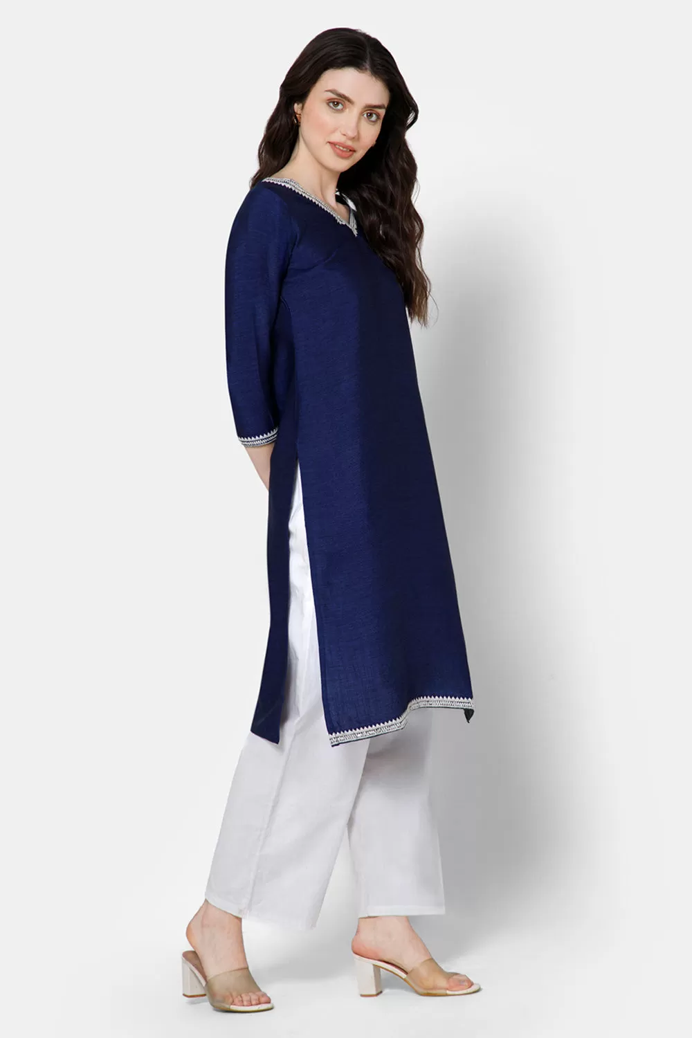 Mythri Women's Casual Kurthi with Minimalistic Embroidery At The Neckline - Blue - E075