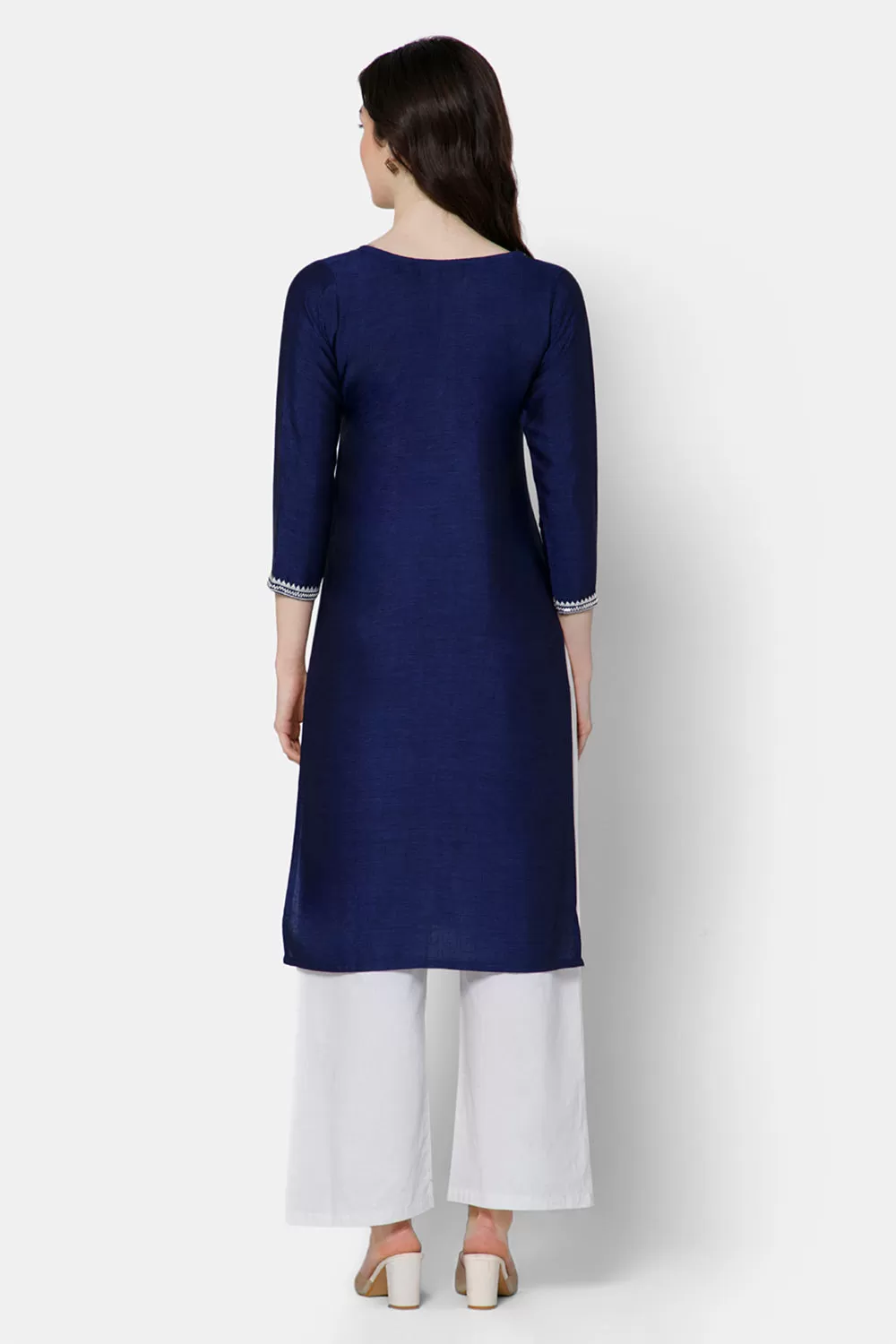 Mythri Women's Casual Kurthi with Minimalistic Embroidery At The Neckline - Blue - E075