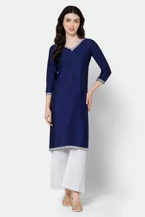 Mythri Women's Casual Kurthi with Minimalistic Embroidery At The Neckline - Blue - E075