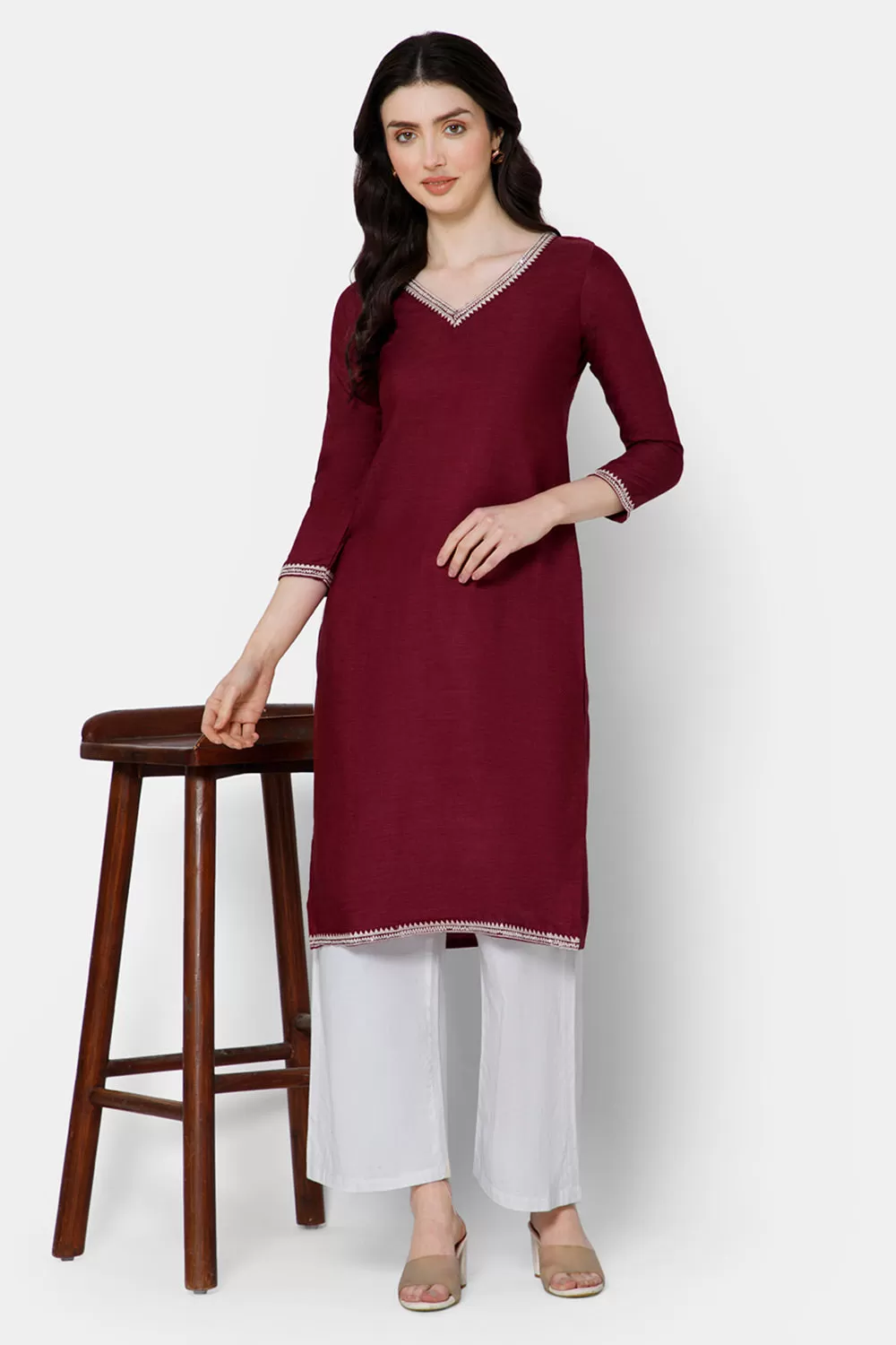 Mythri Women's Casual Kurthi with Minimalistic Embroidery At The Neckline - Red - E076