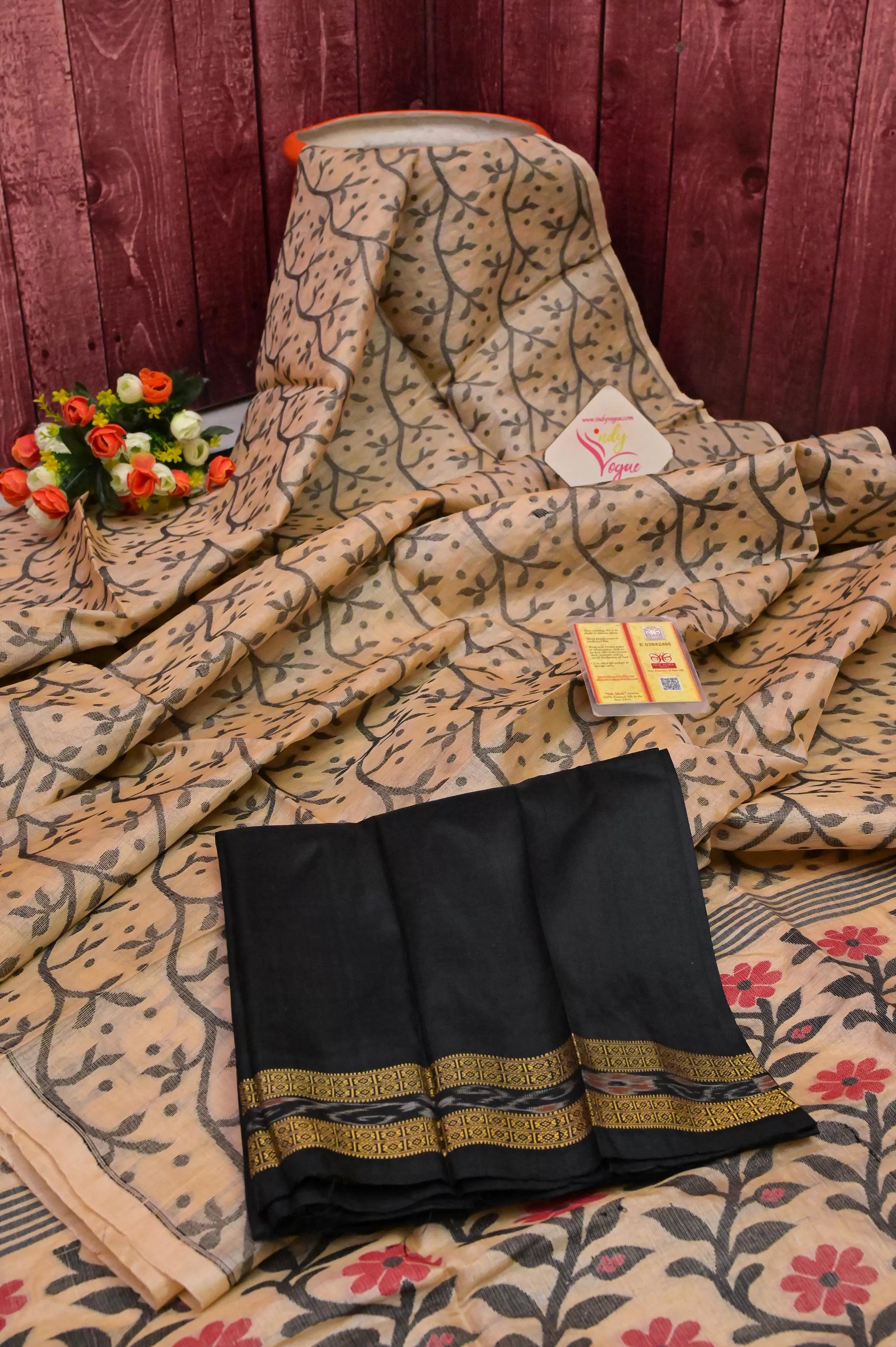 Natural Hay Color Tussar Silk Saree with Allover Jamdani Weaving