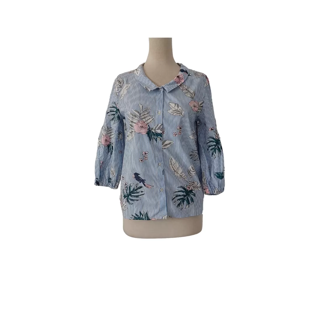 NEWear Blue Striped Floral Blouse | Gently Used |