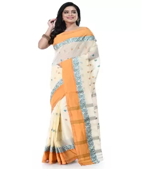 Offwhite cream handwoven cotton tangail saree