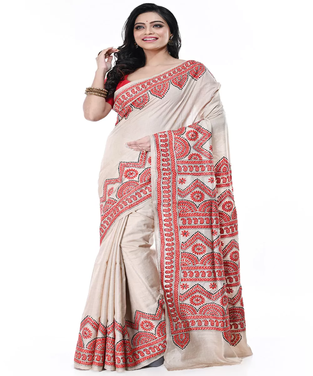 Offwhite red handwoven tussar silk kantha stitch saree