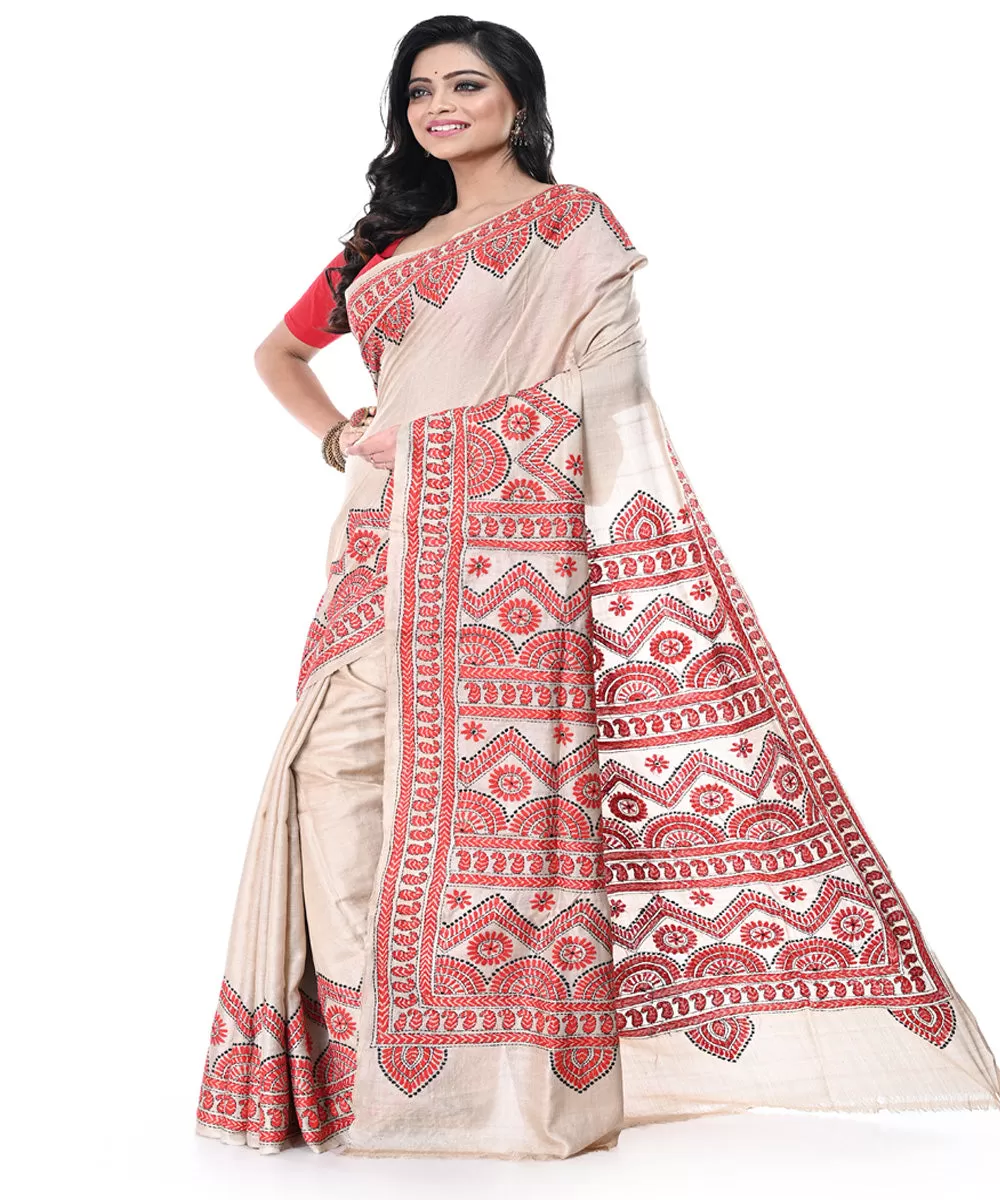 Offwhite red handwoven tussar silk kantha stitch saree