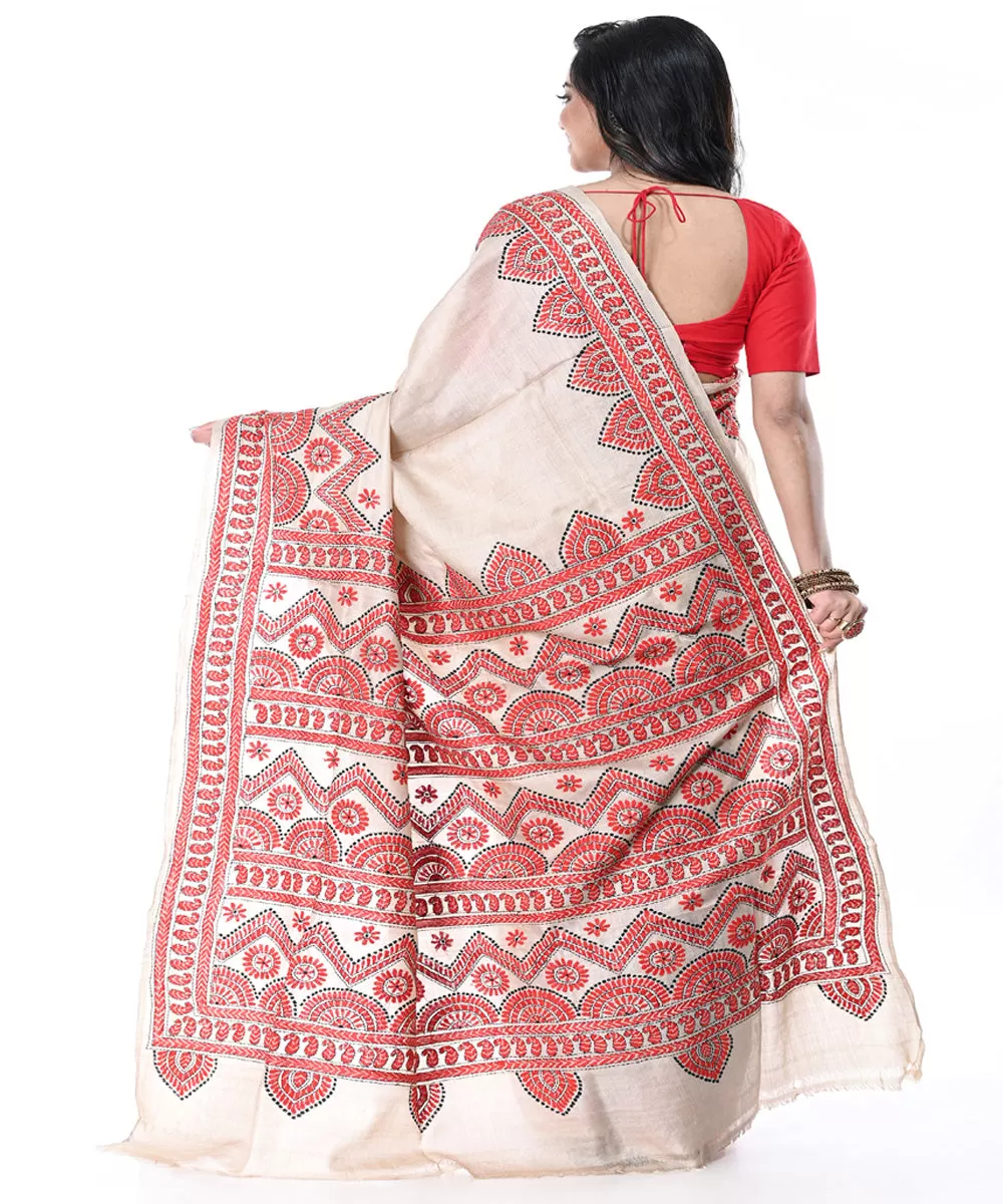 Offwhite red handwoven tussar silk kantha stitch saree