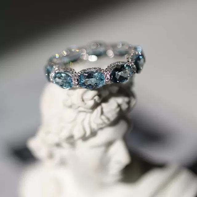 Oval Cut Eternity Aquamarine Blue Wedding Band