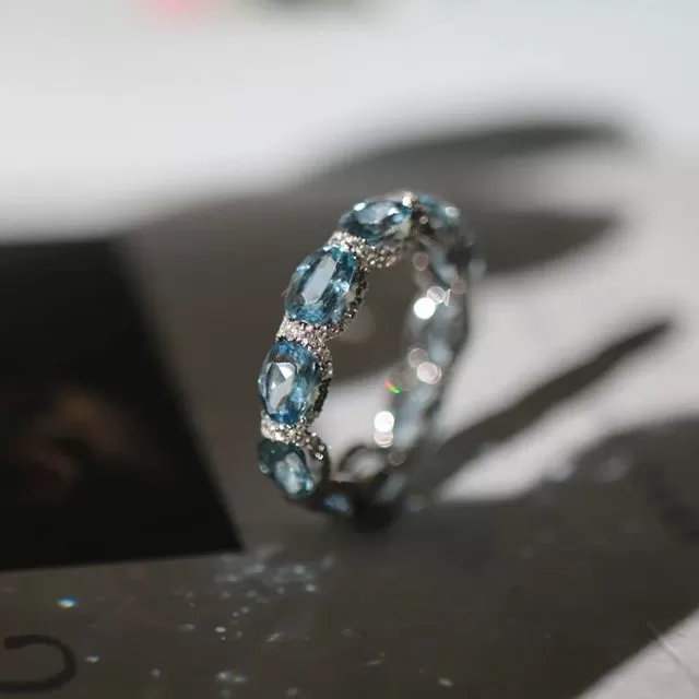 Oval Cut Eternity Aquamarine Blue Wedding Band