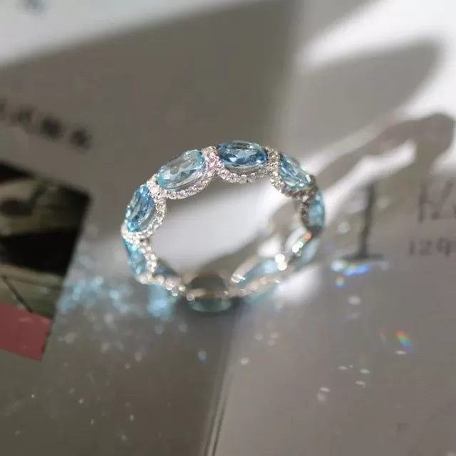 Oval Cut Eternity Aquamarine Blue Wedding Band