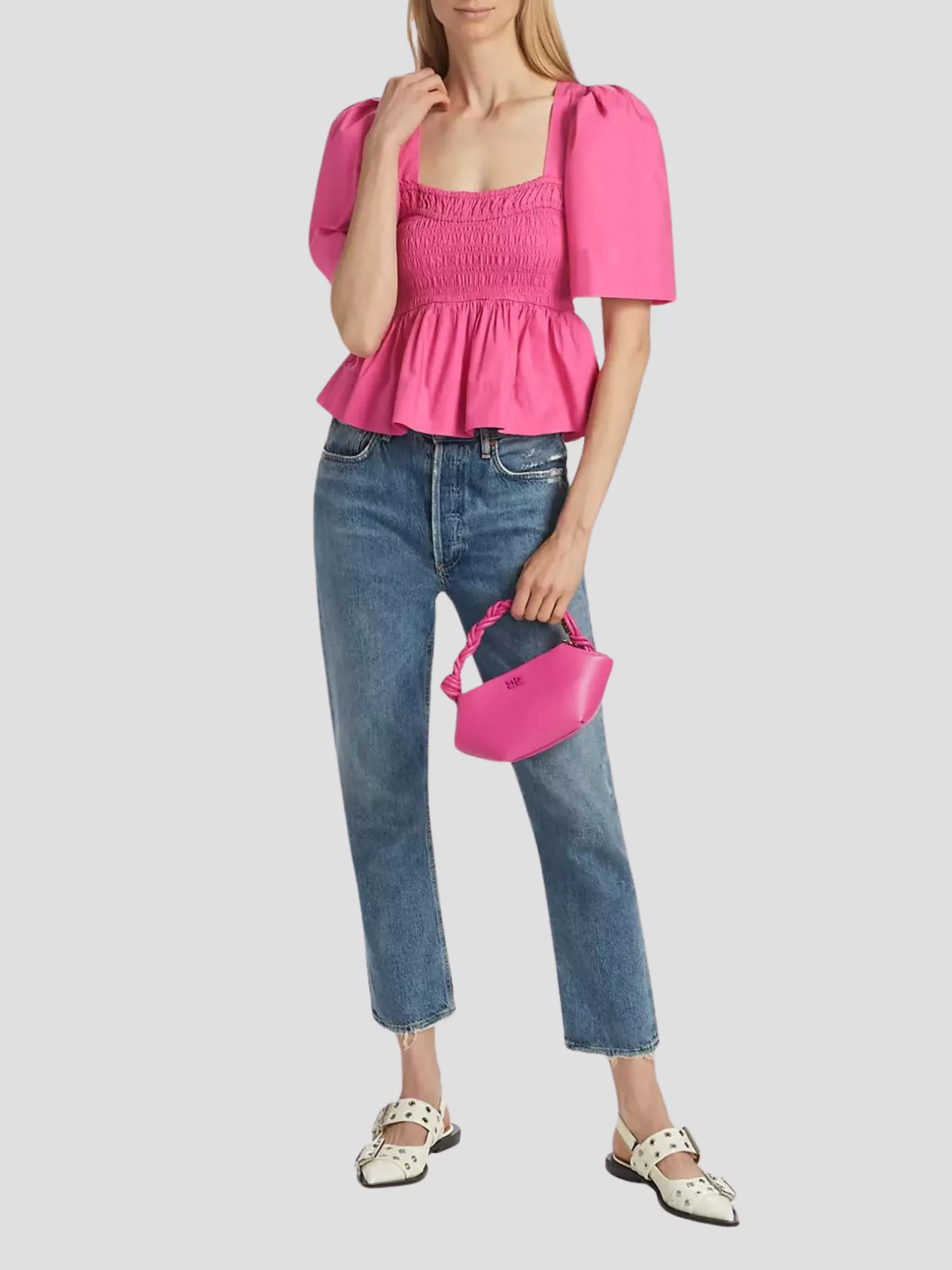 Pink Cotton Poplin Open-Neck Smock Blouse