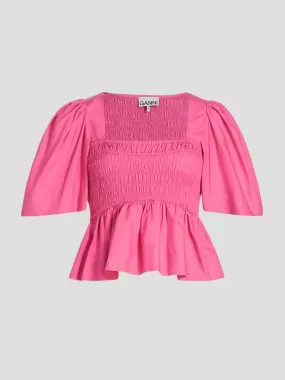 Pink Cotton Poplin Open-Neck Smock Blouse