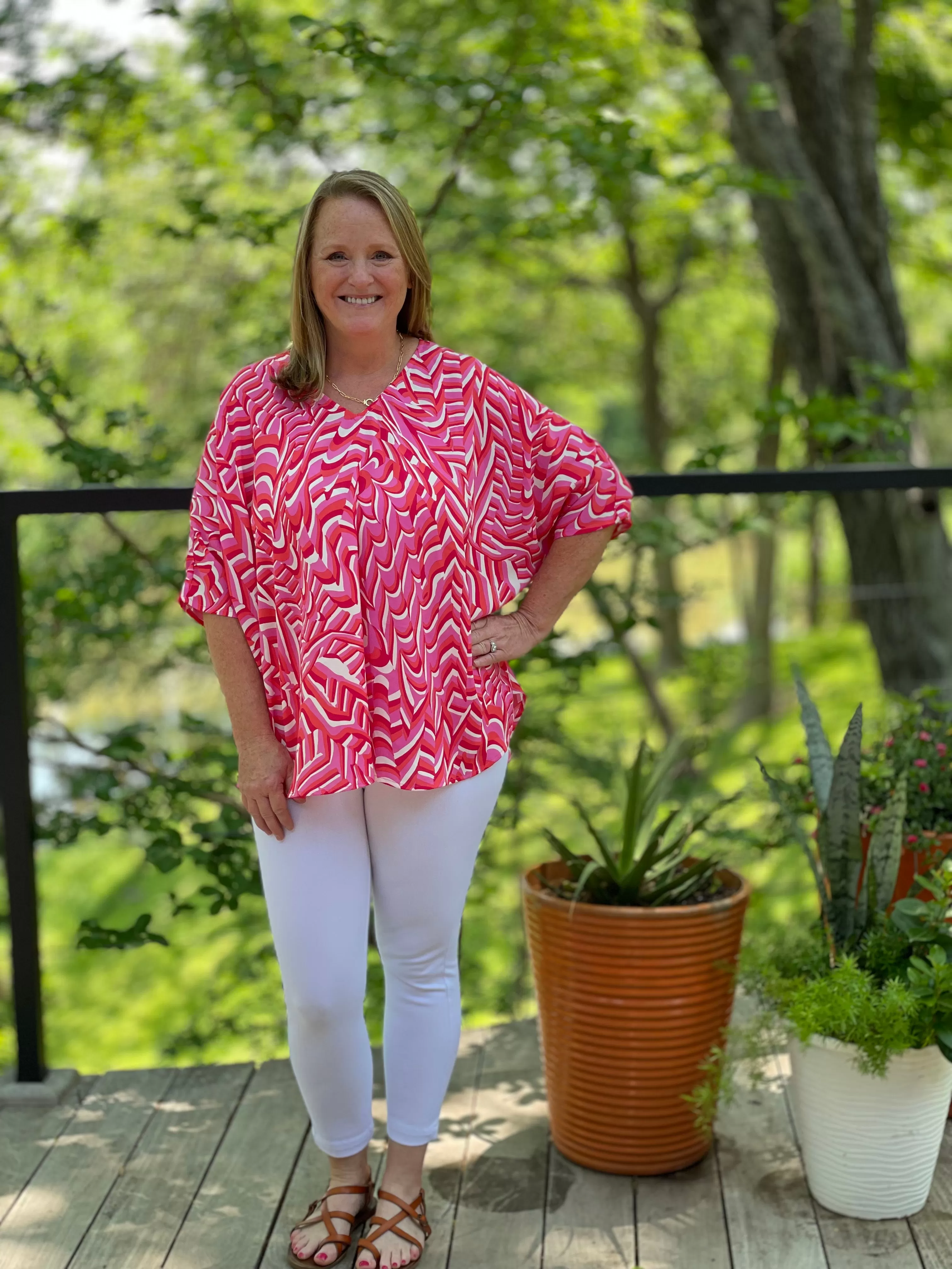 Pink Geometric Pullover V Neck Blouse