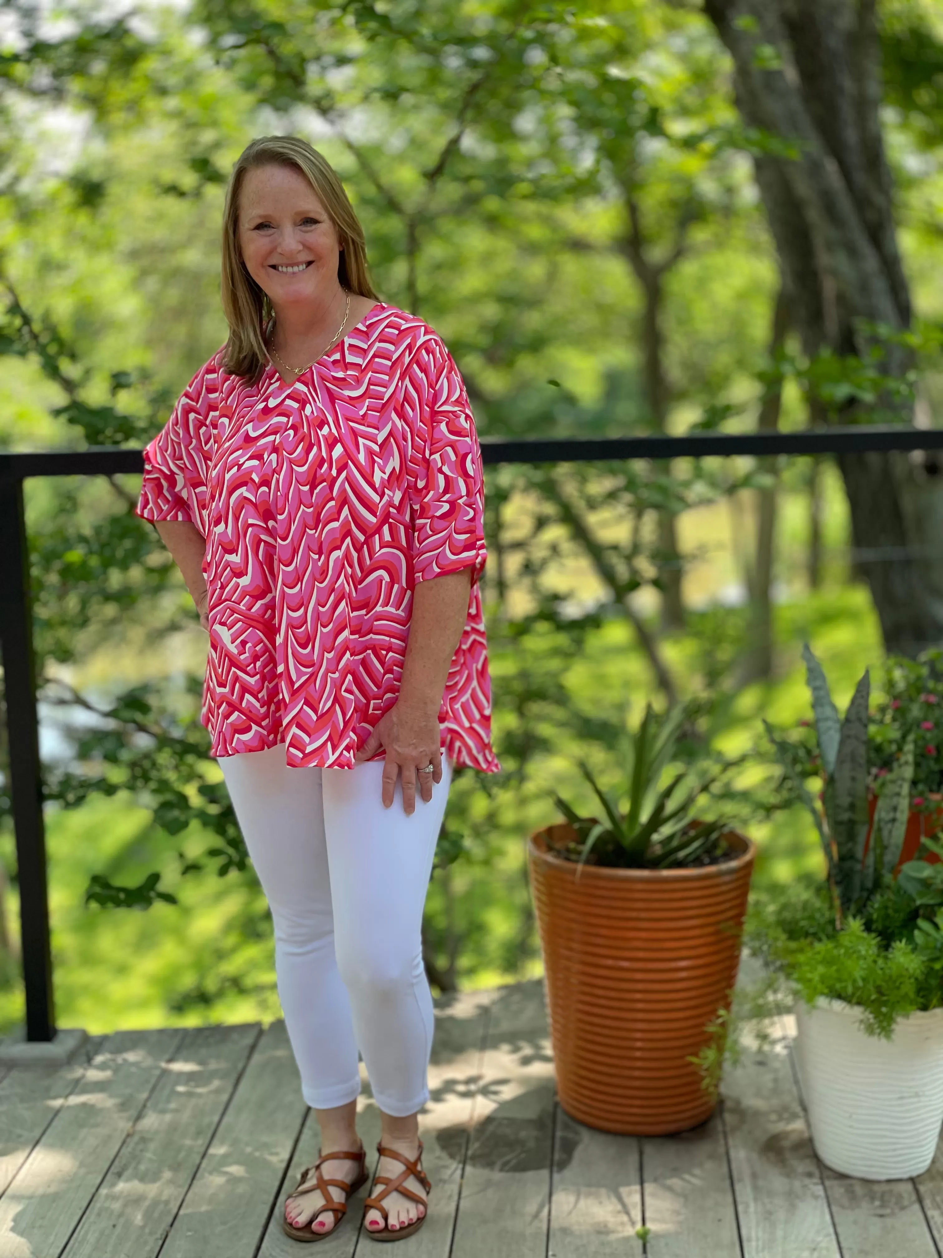 Pink Geometric Pullover V Neck Blouse