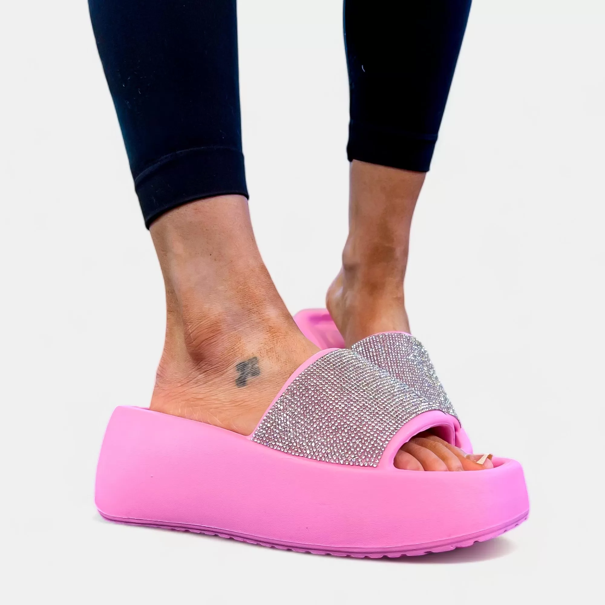 Pink Rhinestone Slip On Platform Sandals