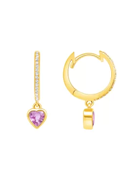 Pink Sapphire Heart Charm Huggie Earring 14K