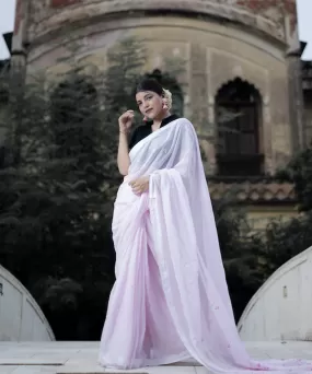 Pink white hand embroidered cotton chikankari saree