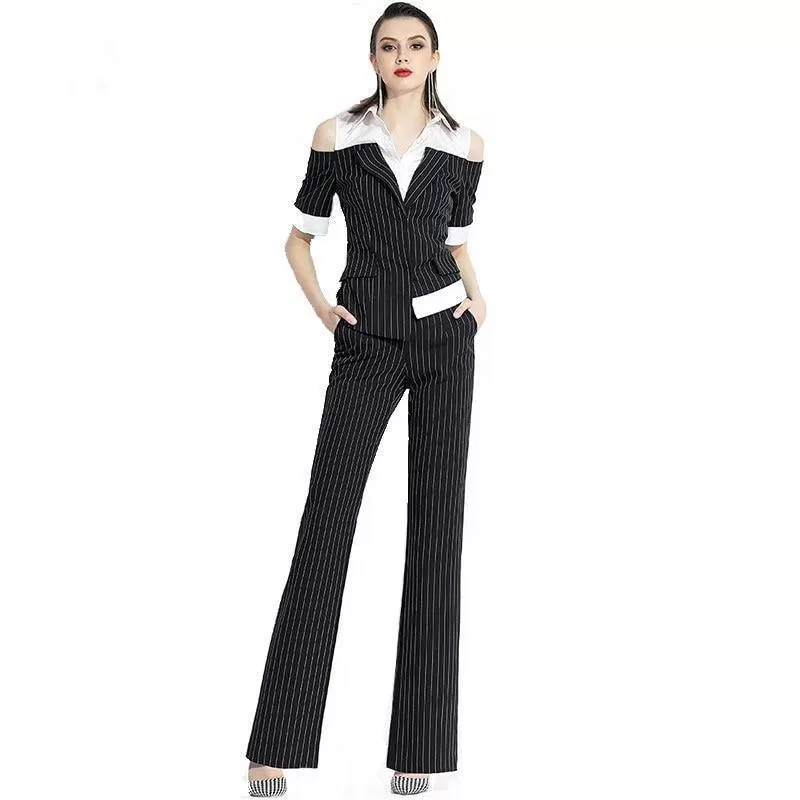 Pinstriped Black-White Pantsuits