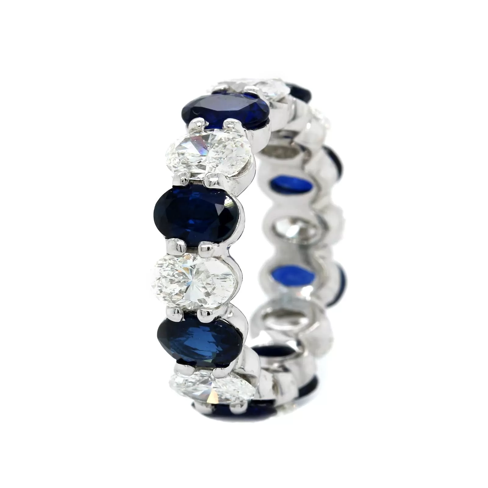 Platinum Shared Prong Alternating Oval Diamond and Sapphire Eternity Band