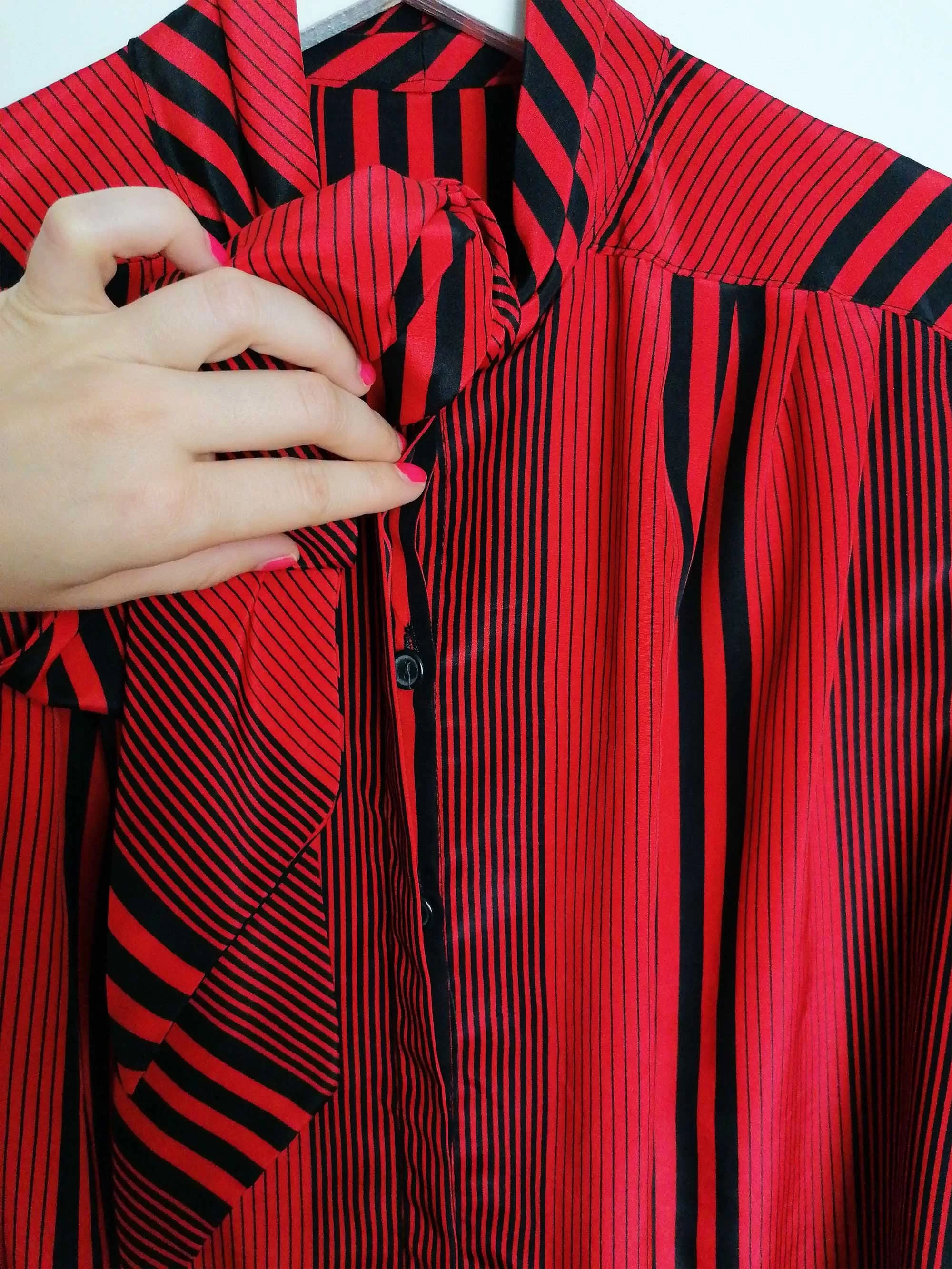 Pussy-bow Blouse Wide Sleeve Red Black Stripes - size S-M