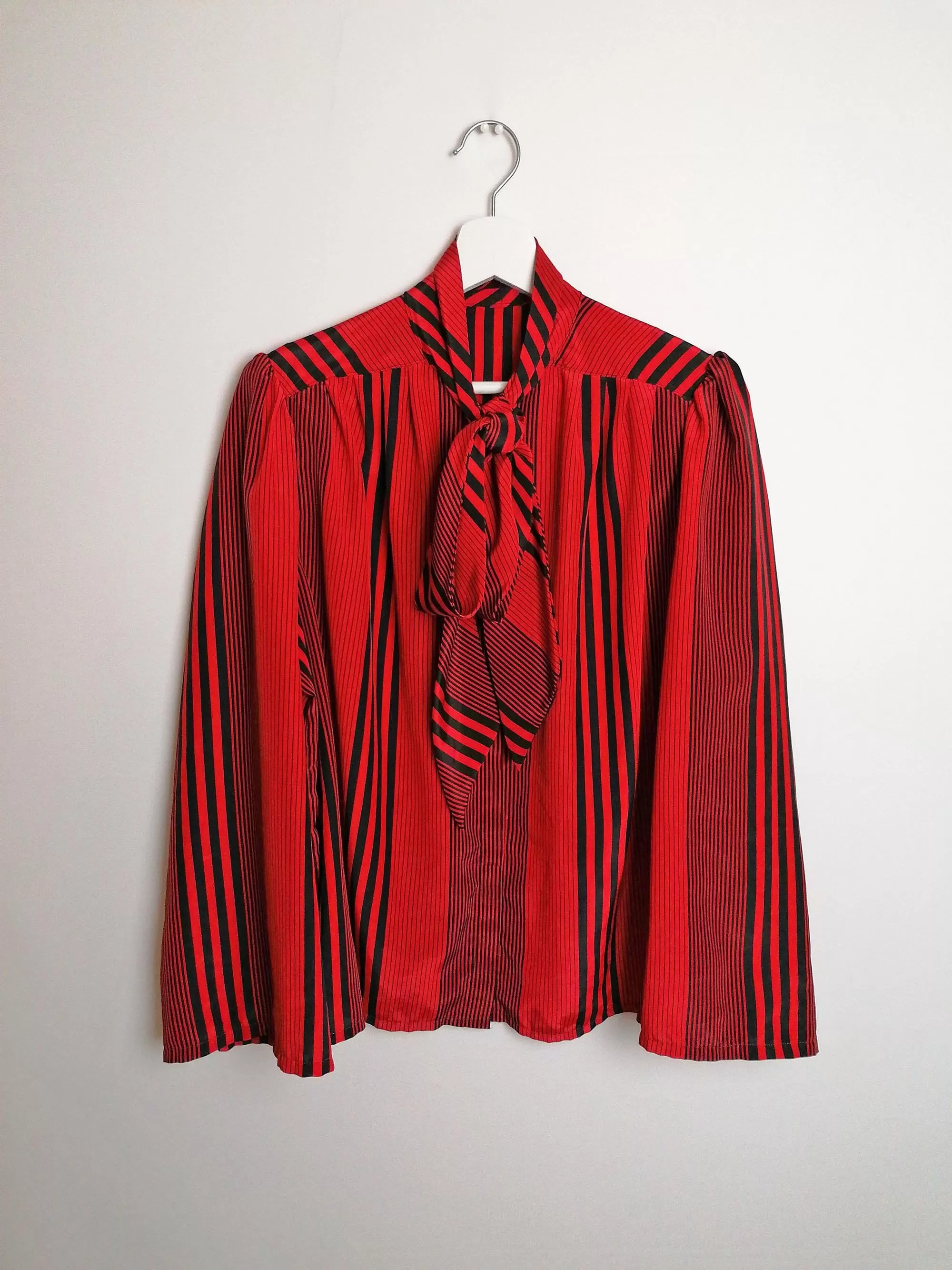 Pussy-bow Blouse Wide Sleeve Red Black Stripes - size S-M