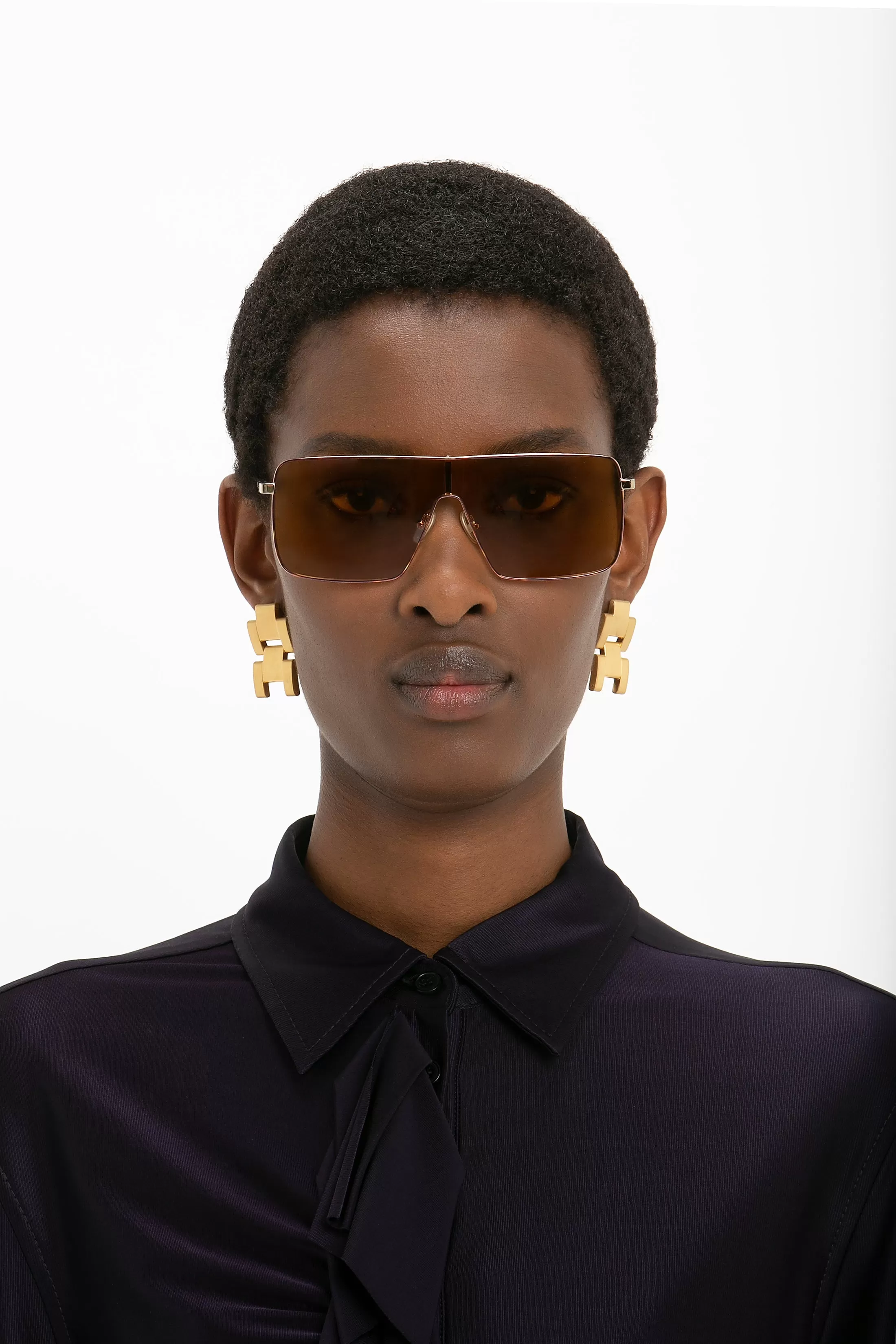 Rectangular Visor Gold-Framed Sunglasses