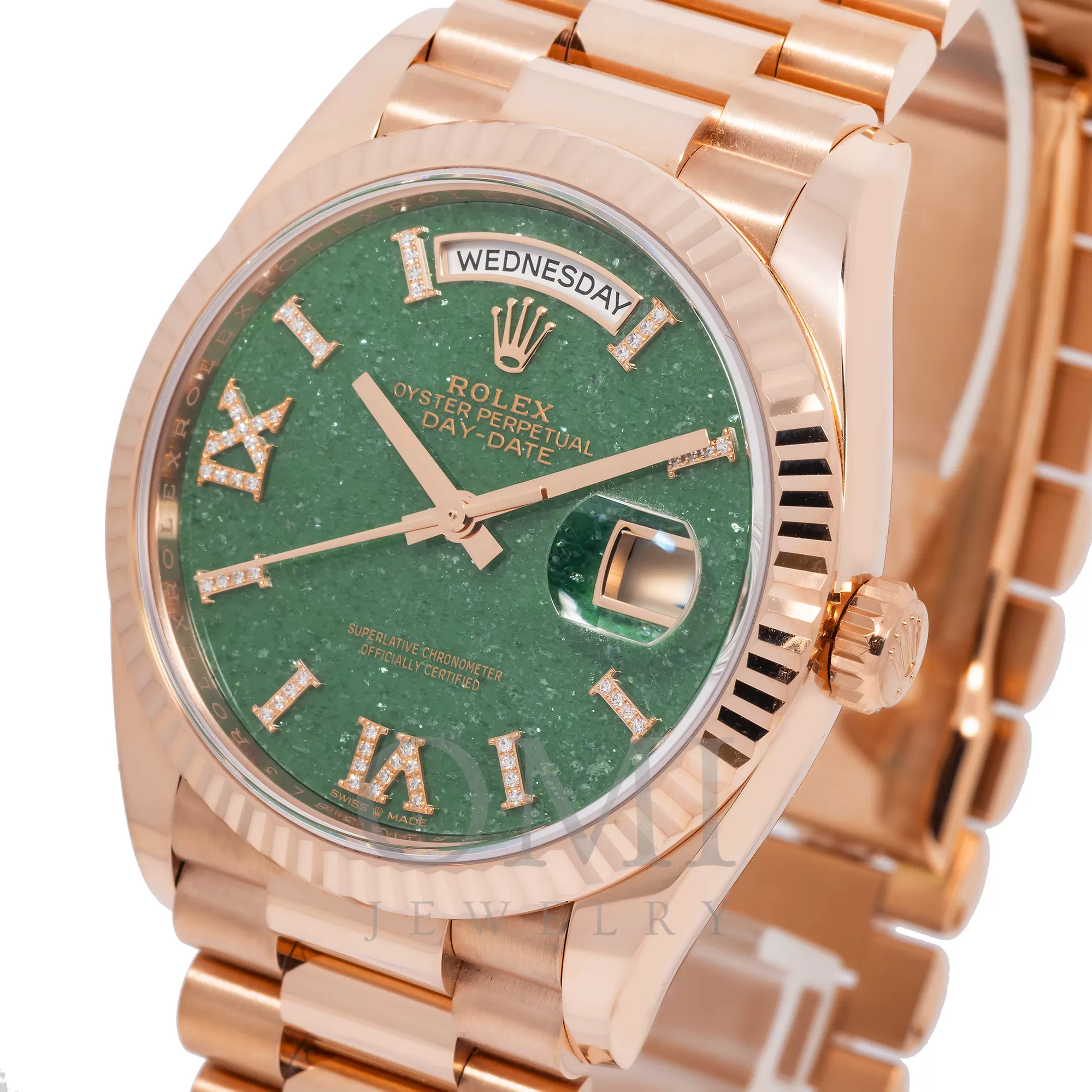 ROLEX DAY-DATE 36 PRESIDENT ROSE GOLD GREEN AVENTURINE DIAMOND DIAL FLUTED BEZEL 128235 WITH ROSE GOLD PRESIDENT OYSTER BRACELET