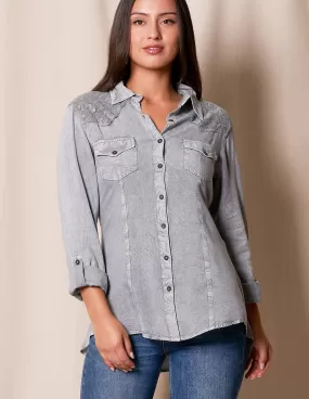 Rosie Hi-Lo Vintage Shirt - Silver Sky