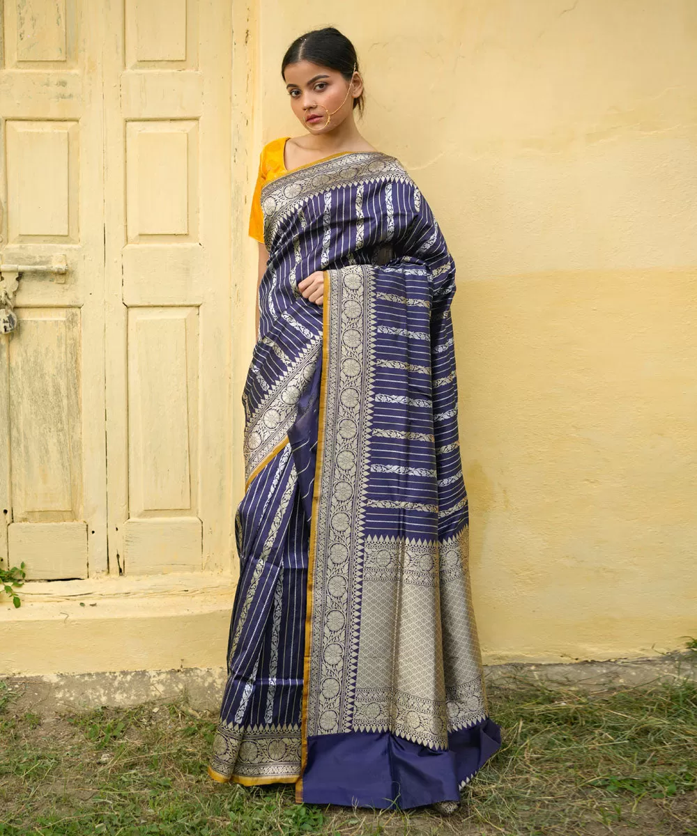 Royal blue striped silk handwoven banarasi saree