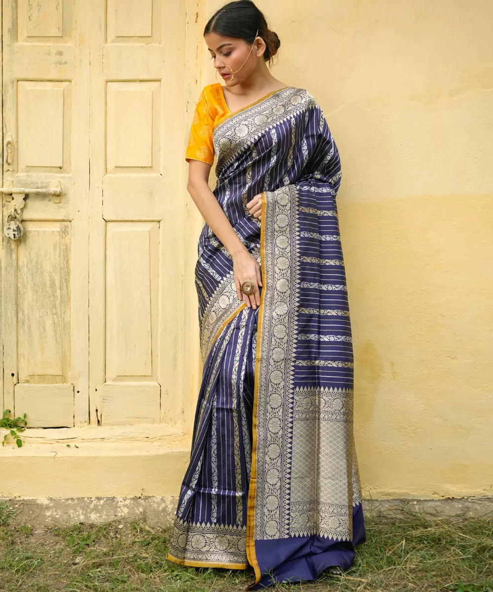 Royal blue striped silk handwoven banarasi saree