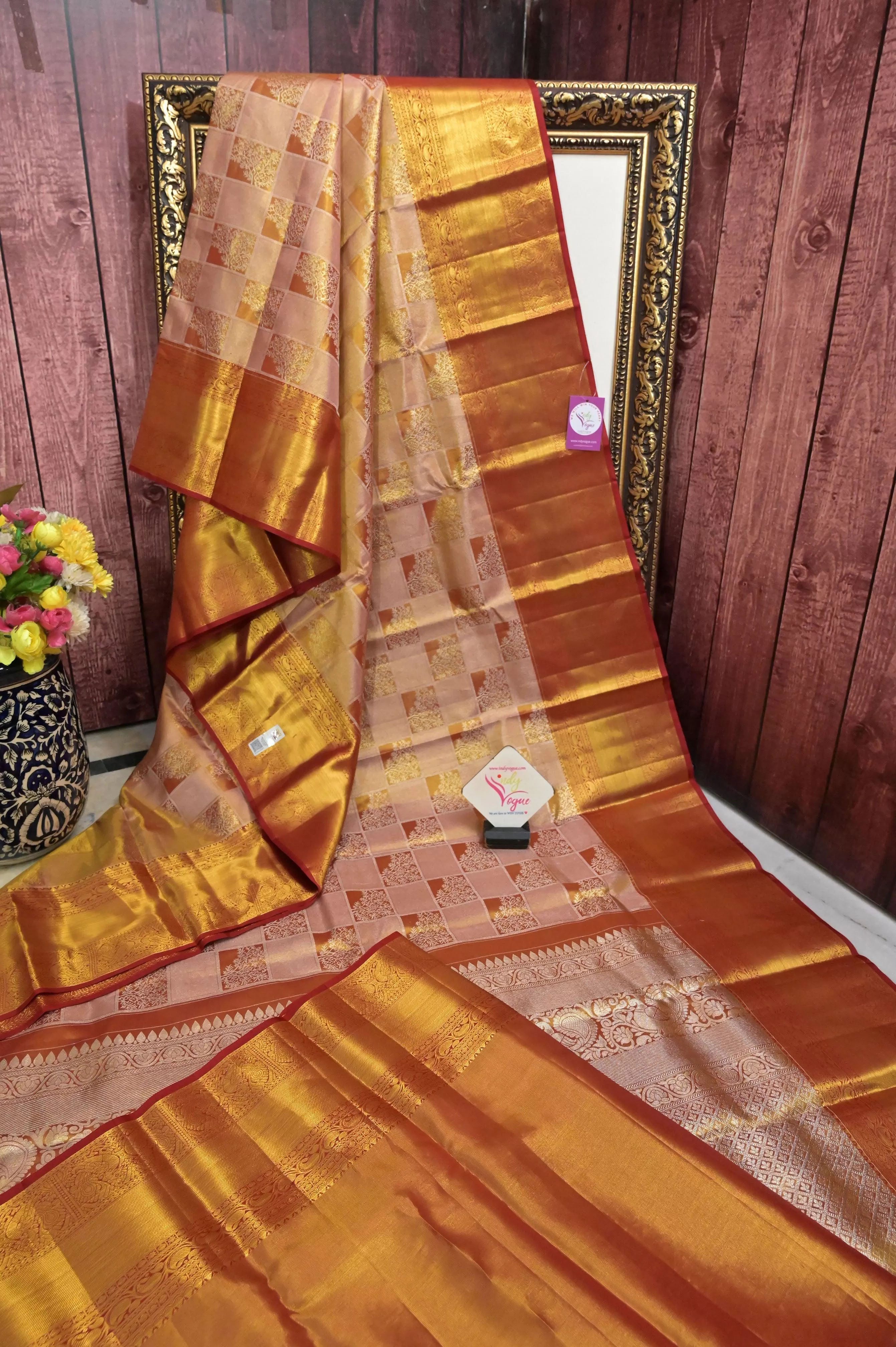 Rust Golden and Offwhite Color Tissue Kanjeevaram Silk Saree with Box Design