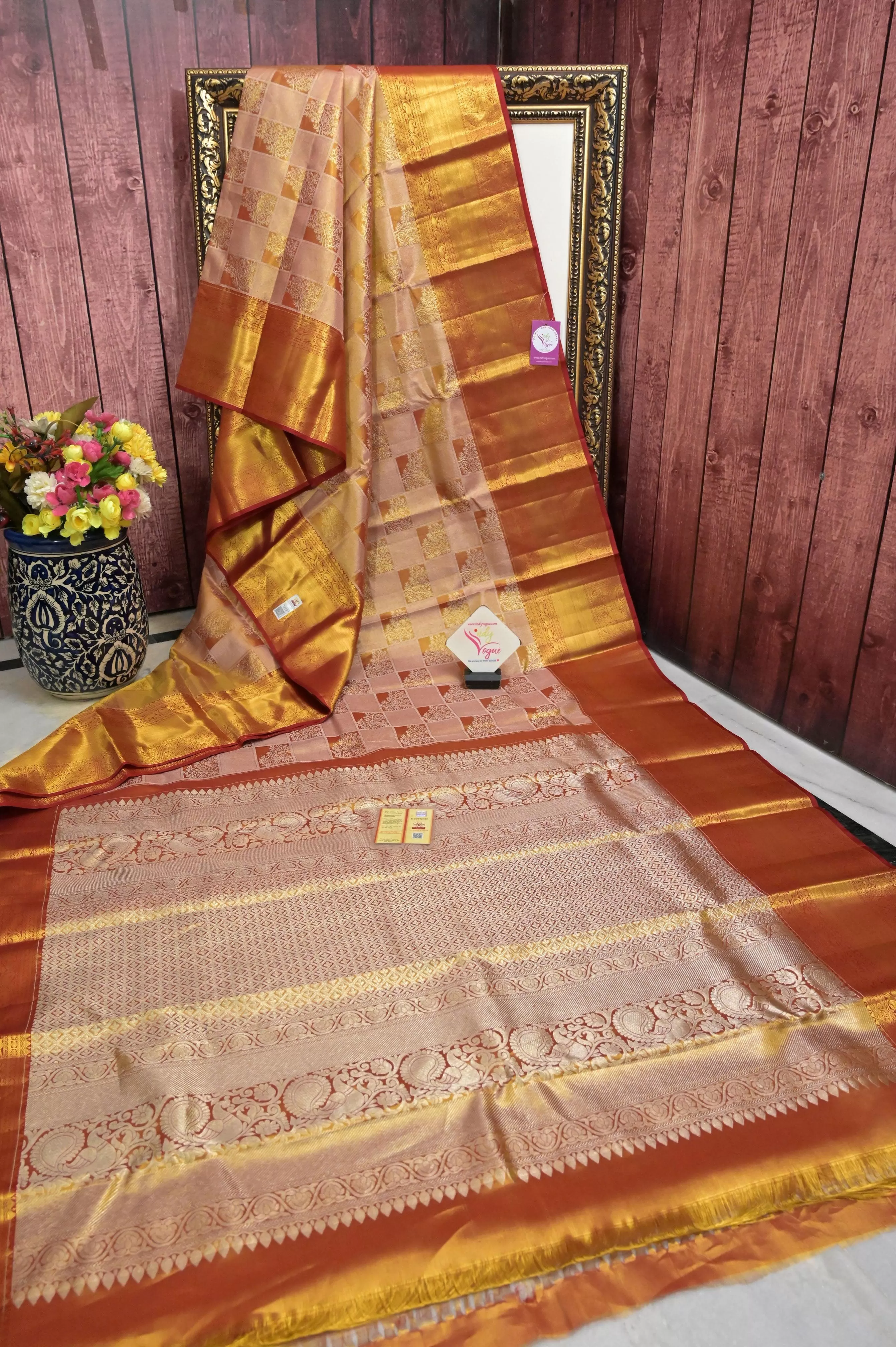 Rust Golden and Offwhite Color Tissue Kanjeevaram Silk Saree with Box Design