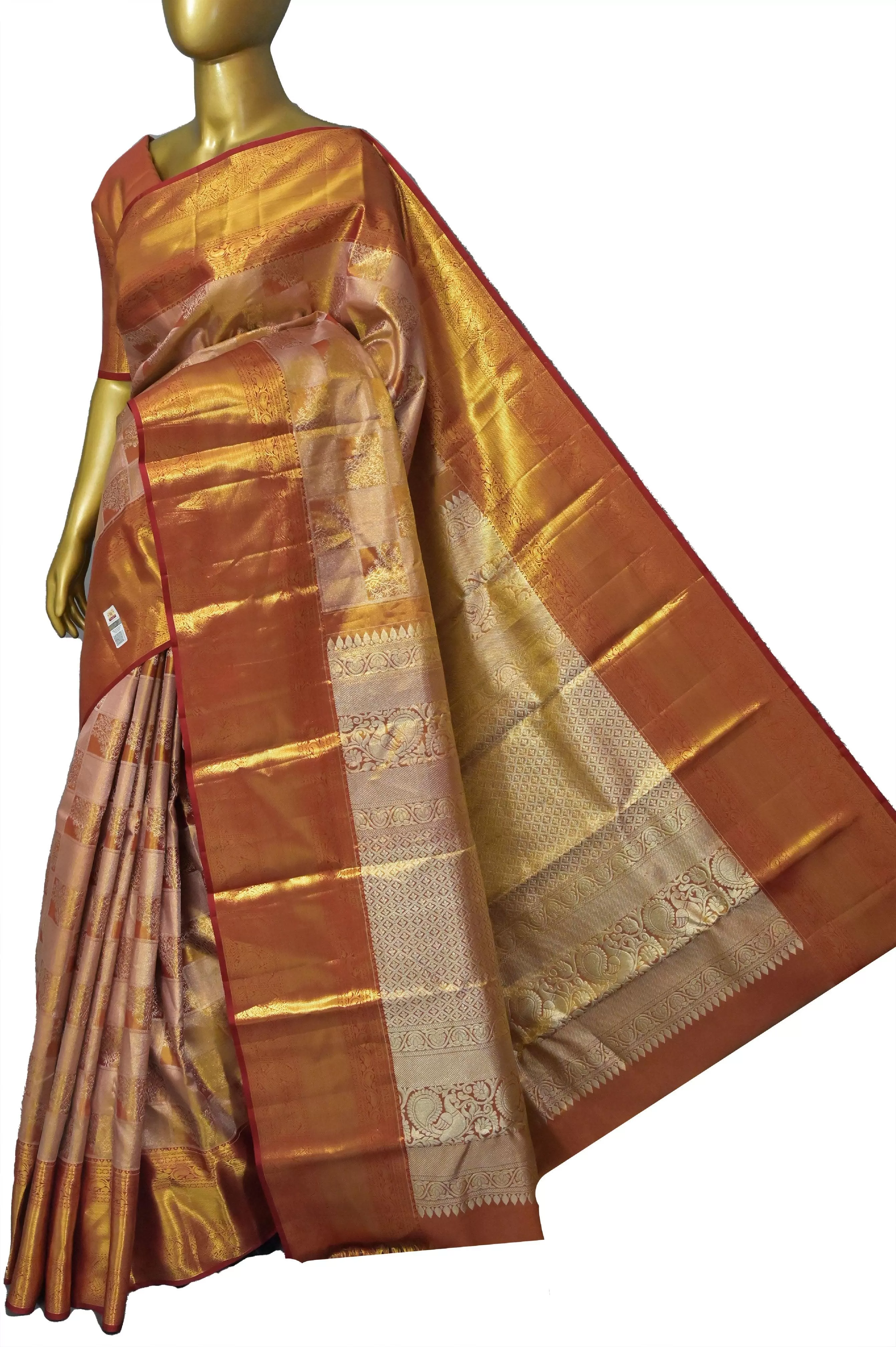 Rust Golden and Offwhite Color Tissue Kanjeevaram Silk Saree with Box Design