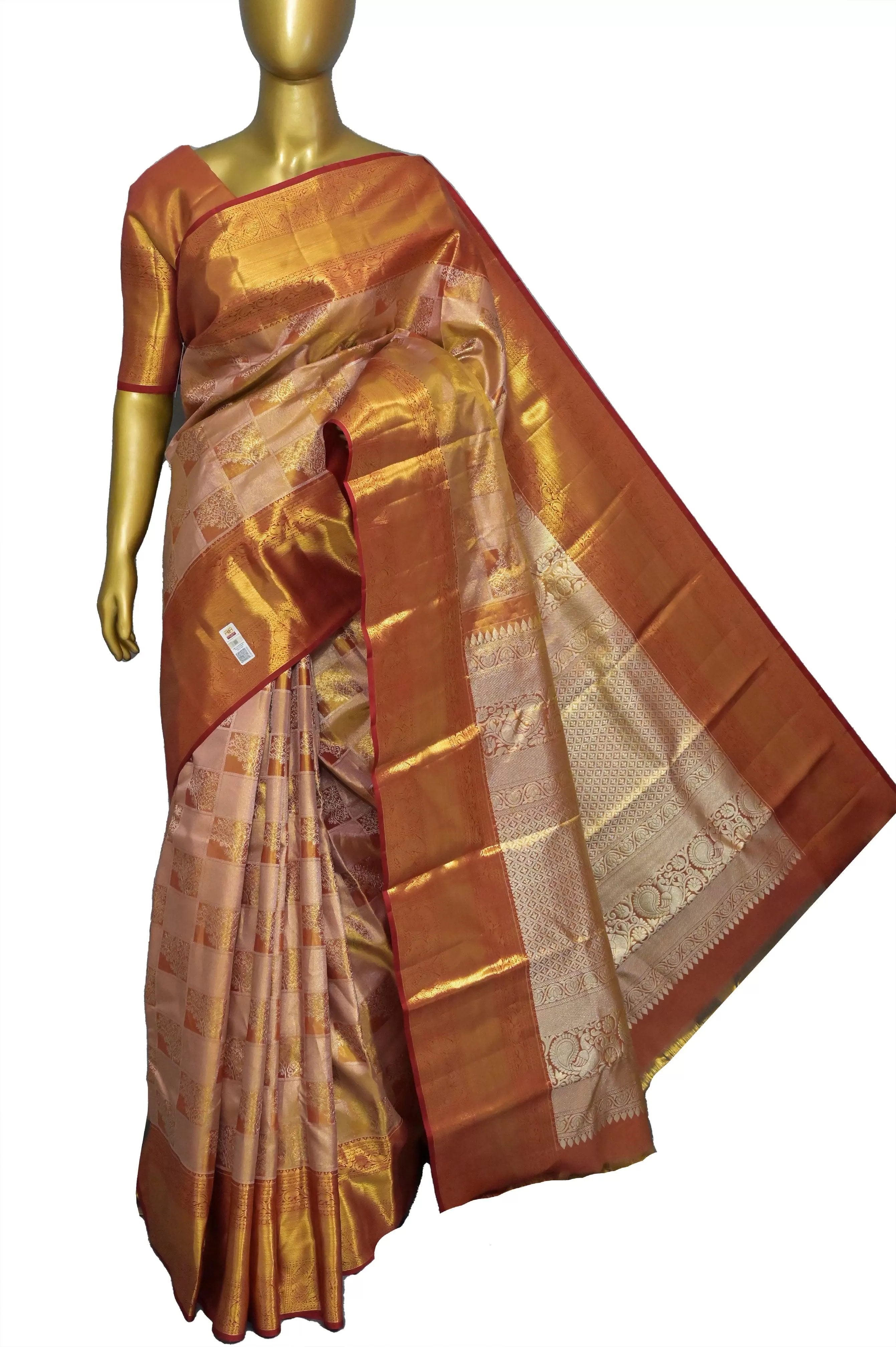 Rust Golden and Offwhite Color Tissue Kanjeevaram Silk Saree with Box Design