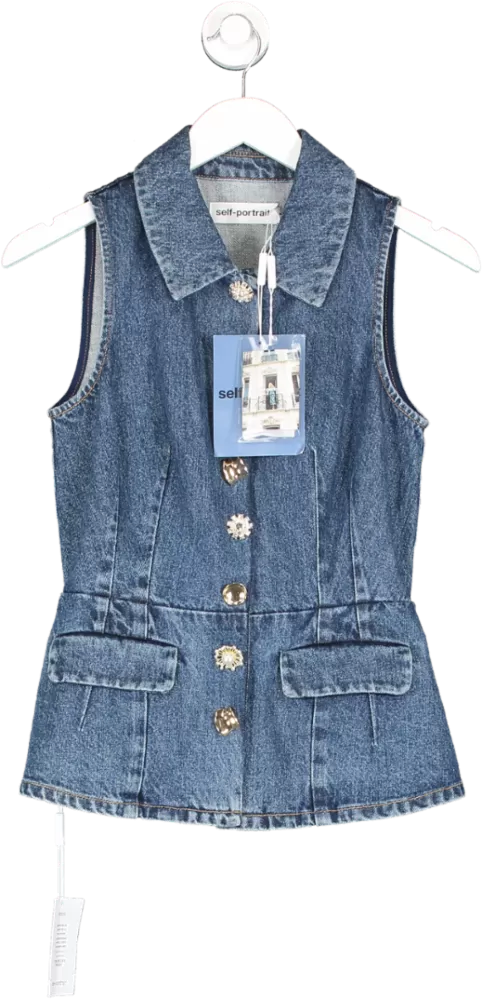 Self Portrait Blue Sleeveless Denim Top UK 8