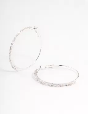 Silver Plated Round & Baguette Large Hoop Earrings