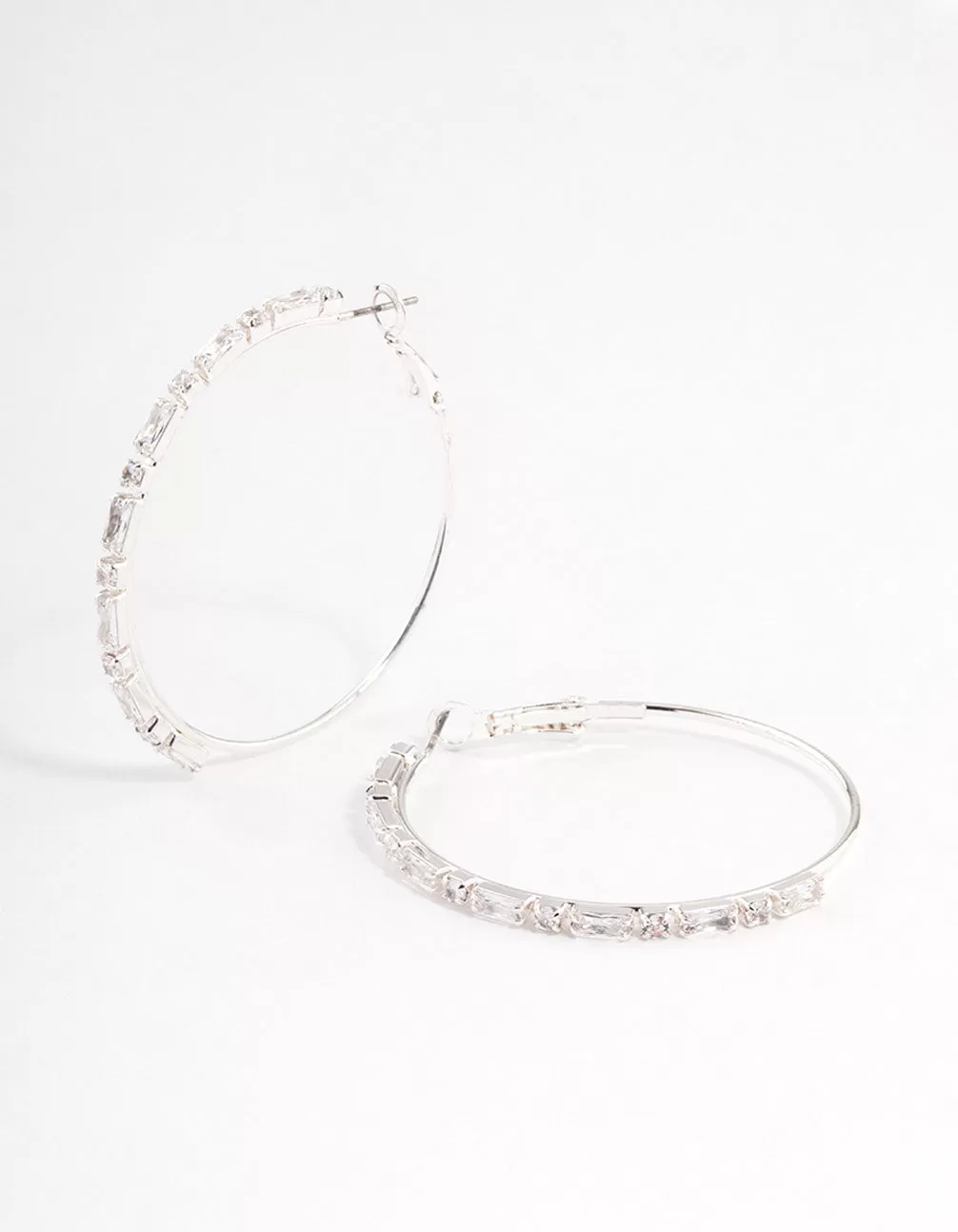 Silver Plated Round & Baguette Large Hoop Earrings